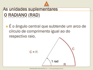 As unidades suplementares 
C 
O RADIANO (RAD) 
 É o ângulo central que subtende um arco de 
círculo de comprimento igual ao do 
respectivo raio. 
R 
1 rad 
C = R 
 