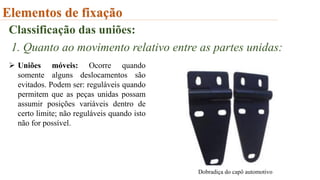 Elementos de fixação
Classificação das uniões:
1. Quanto ao movimento relativo entre as partes unidas:
 Uniões móveis: Ocorre quando
somente alguns deslocamentos são
evitados. Podem ser: reguláveis quando
permitem que as peças unidas possam
assumir posições variáveis dentro de
certo limite; não reguláveis quando isto
não for possível.
Dobradiça do capô automotivo
 