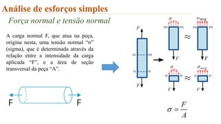 Análise de esforços simples
Força normal e tensão normal
A carga normal F, que atua na peça,
origina nesta, uma tensão normal “σ”
(sigma), que é determinada através da
relação entre a intensidade da carga
aplicada “F”, e a área de seção
transversal da peça “A”.
 