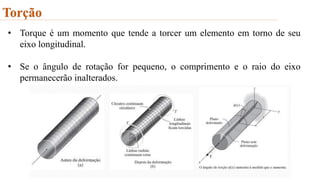 Torção
• Torque é um momento que tende a torcer um elemento em torno de seu
eixo longitudinal.
• Se o ângulo de rotação for pequeno, o comprimento e o raio do eixo
permanecerão inalterados.
 