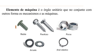 Introdução
Elemento de máquina é o órgão unitário que no conjunto com
outros forma os mecanismos e as máquinas.
 