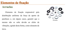 Elementos de fixação
Arruelas
Elemento de fixação responsável pela
distribuição uniforme da força de aperto de
parafusos e, em alguns casos, garantir que o
mesmo não se solte devido ao efeito de
vibrações, agindo desta forma, como elemento de
trava.
Arruelas
Elementos de fixação
 
