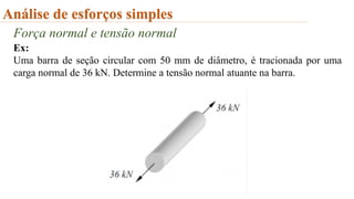 Análise de esforços simples
Força normal e tensão normal
Ex:
Uma barra de seção circular com 50 mm de diâmetro, é tracionada por uma
carga normal de 36 kN. Determine a tensão normal atuante na barra.
 