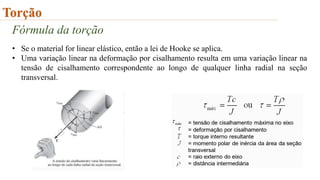 Torção
Fórmula da torção
• Se o material for linear elástico, então a lei de Hooke se aplica.
• Uma variação linear na deformação por cisalhamento resulta em uma variação linear na
tensão de cisalhamento correspondente ao longo de qualquer linha radial na seção
transversal.
 