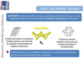 Subst. Pura Simples - AlotropiaenxofreCristal de enxofre monoclínicoCristais opacos com formato de agulhas encontradas em regiões vulcânicas.Cristal de enxofre rômbico (mais comum)Cristais amarelos e transparentes.S8A diferença entre as variedades alotrópicas é o arranjo molecular que formam cristais diferentes (veja as figuras).