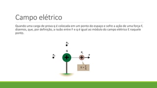 Campo elétrico
Quando uma carga de prova q é colocada em um ponto do espaço e sofre a ação de uma força F,
dizemos, que, por definição, a razão entre F e q é igual ao módulo do campo elétrico E naquele
ponto.
 