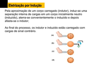 Pela aproximação de um corpo carregado (indutor), induz-se uma
separação interna de cargas em um corpo inicialmente neutro
(induzido), aterra-se convenientemente o induzido e depois
afasta-se o indutor;
Ao final do processo, os indutor e induzido estão carregado com
cargas de sinal contrário.
Eletrização por Indução
 
