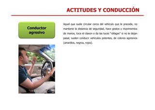ACTITUDES Y CONDUCCIÓN
Conductor
agresivo
Aquel que suele circular cerca del vehículo que le precede, no
mantiene la distancia de seguridad, hace gestos y movimientos
de manos, toca el claxon o da las luces “ráfagas” si no le dejan
pasar, suelen conducir vehículos potentes, de colores agresivos
(amarillos, negros, rojos).
 