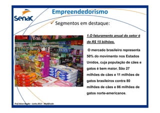EmpreendedorismoEmpreendedorismo
Segmentos em destaque:
1.O faturamento anual do setor é
de R$ 15 bilhões.
O mercado brasileiro representa
50% do movimento nos Estados
Prof.Prof.Edson NegãoEdson Negão –– Junho 2013Junho 2013 –– ModificadoModificado
50% do movimento nos Estados
Unidos, cuja população de cães e
gatos é bem maior. São 27
milhões de cães e 11 milhões de
gatos brasileiros contra 80
milhões de cães e 86 milhões de
gatos norte-americanos.
 