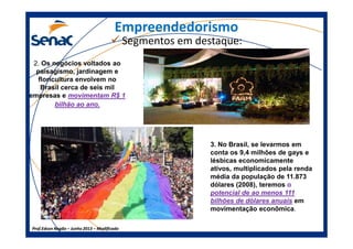 Empreendedorismo
Segmentos em destaque:
2. Os negócios voltados ao
paisagismo, jardinagem e
floricultura envolvem no
Brasil cerca de seis mil
empresas e movimentam R$ 1
bilhão ao ano.
Prof.Prof.Edson NegãoEdson Negão –– Junho 2013Junho 2013 –– ModificadoModificado
3. No Brasil, se levarmos em
conta os 9,4 milhões de gays e
lésbicas economicamente
ativos, multiplicados pela renda
média da população de 11.873
dólares (2008), teremos o
potencial de ao menos 111
bilhões de dólares anuais em
movimentação econômica.
 