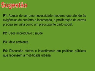 P1: Apesar de ser uma necessidade moderna que atende às
exigências de conforto e locomoção, a proliferação de carros
precisa ser vista como um preocupante dado social.
P2: Caos improdutivo ; saúde
P3: Meio ambiente.
P4: Discussão efetiva e investimento em políticas públicas
que repensem a mobilidade urbana.
 
