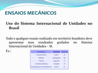 ENSAIOS MECÂNICOS

Uso do Sistema Internacional de Unidades no
 Brasil

Todo e qualquer ensaio realizado em território brasileiro deve
  apresentar seus resultados grafados no Sistema
  Internacional de Unidades – SI.
Ex.:
 