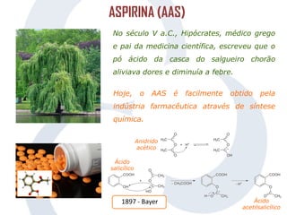 No século V a.C., Hipócrates, médico grego
e pai da medicina científica, escreveu que o
pó ácido da casca do salgueiro chorão
aliviava dores e diminuía a febre.
Hoje, o AAS é facilmente obtido pela
indústria farmacêutica através de síntese
química.
Ácido
salicílico
Anidrido
acético
Ácido
acetilsalicílico
ASPIRINA (AAS)
1897 - Bayer
 