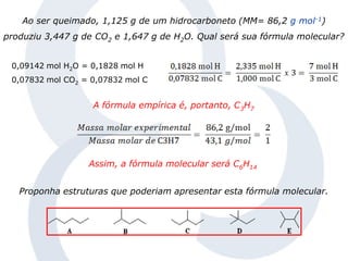 Ao ser queimado, 1,125 g de um hidrocarboneto (MM= 86,2 g mol-1)
produziu 3,447 g de CO2 e 1,647 g de H2O. Qual será sua fórmula molecular?
A fórmula empírica é, portanto, C3H7
0,09142 mol H2O = 0,1828 mol H
0,07832 mol CO2 = 0,07832 mol C
Assim, a fórmula molecular será C6H14
Proponha estruturas que poderiam apresentar esta fórmula molecular.
 