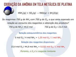 OXIDAÇÃO DA AMÔNIA EM TELA METÁLICA DE PLATINA
4NH3(g) + 5O2(g) → 4NO(g) + 6H2O(g)
Se reagirmos 750 g de NH3 com 750 g de O2, o que seria esperado em
relação ao consumo dos reagentes e obtenção dos produtos?
750 g de NH3= 44,0 mol 750 g de O2= 23,4 mol
Relação estequiométrica dos reagentes:
5 mol O2 / 4 mol NH3 = 1,25 mol O2 / 1 mol NH3
Relação dos reagentes disponíveis:
23,4 mol O2 / 44,0 mol NH3 = 0,532 mol O2 / 1 mol NH3
Portanto, o O2 é o reagente limitante
 
