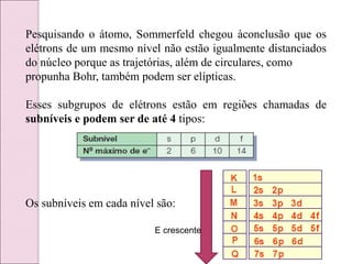 Pesquisando o átomo, Sommerfeld chegou àconclusão que os
elétrons de um mesmo nível não estão igualmente distanciados
do núcleo porque as trajetórias, além de circulares, como
propunha Bohr, também podem ser elípticas.
Esses subgrupos de elétrons estão em regiões chamadas de
subníveis e podem ser de até 4 tipos:
Os subníveis em cada nível são:
E crescente
 