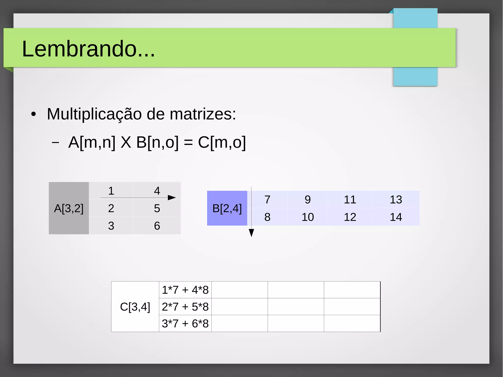 Lembrando...
A[3,2]
1 4
2 5
3 6
B[2,4]
7 9 11 13
8 10 12 14
C[3,4]
1*7 + 4*8
2*7 + 5*8
3*7 + 6*8
● Multiplicação de matrizes:
– A[m,n] X B[n,o] = C[m,o]
 