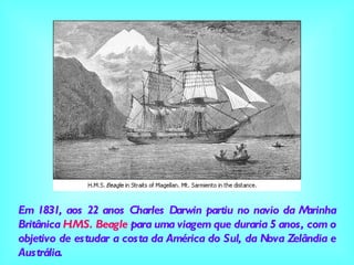 Em 1831, aos 22 anos Charles Darwin partiu no navio da Marinha Britânica  H.M.S. Beagle  para uma viagem que duraria 5 anos, com o objetivo de estudar a costa da América do Sul, da Nova Zelândia e Austrália. 