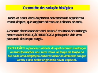 O conceito de evolução biológica Todos os seres vivos do planeta descendem de organismos muito simples, que surgiram há mais de 3 bilhões de anos. A enorme diversidade de seres atuais é resultado de um longo processo de EVOLUÇÃO BIOLÓGICA pelo qual a vida vem passando desde que surgiu. EVOLUÇÃO é o processo através do qual ocorrem mudanças ou transformações nos seres vivos ao longo do tempo na busca de uma adaptação cada vez maior ao ambiente em que vivem, e isto acaba originando novas espécies. 