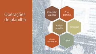 Operações
de planilha
Criar
planilha
Congelar
paineis
Excluir
planilha
Renomear
CopiarAlterar
visualização
 