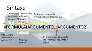 Sintaxe
=FÓRMULA(ARGUMENTO1;ARGUMENTO2)
Toda fórmula
começa com o
símbolo “=“ Nome da
fórmula
“Parenteses” é necessário
para iniciar e fechar
qualquer fórmula
Os diversos campos da
fórmula são seus argumentos)
Os argumentos da fórmula
são separados por ponto e
vírgula
 