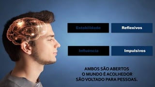 Reflexivos
Impulsivos
Estabilidade
Influência
AMBOS SÃOABERTOS
O MUNDO ÉACOLHEDOR
SÃOVOLTADO PARA PESSOAS.
 