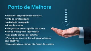 Ponto de Melhora
• Insensível aos problemas dos outros
• Irrita-se com facilidade
• Autoritário e arrogante
• Gosta de mandar
• Não gosta de ouvir a opinião dos outros
• Não se preocupa em seguir regras
• Não presta atenção aos detalhes
• Pode passar por cima dos outros para alcançar
seus objetivos
• É centralizador, os outros não fazem do seu jeito
 