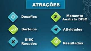 Desafios Momento
Analista DISC
ATRAÇÕES
Sorteios
DISC
Recados Resultados
Atividades
 