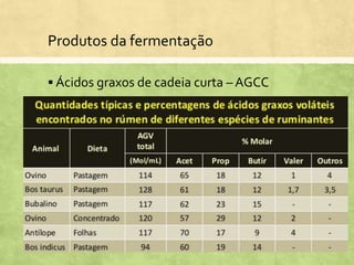 Produtos da fermentação
 Ácidos graxos de cadeia curta – AGCC
 Apresentam de 1 a 7 carbonos
 Importantes:
Acetato – principal em
mamíferos
Relação molar
75:15:10
 