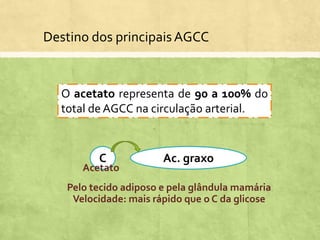 Destino dos principaisAGCC
C Ac. graxo
Acetato
Pelo tecido adiposo e pela glândula mamária
Velocidade: mais rápido que o C da glicose
O acetato representa de 90 a 100% do
total de AGCC na circulação arterial.
 