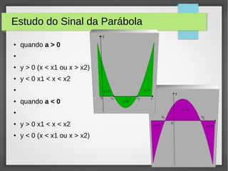 Estudo do Sinal da Parábola
● quando a > 0
●
● y > 0 (x < x1 ou x > x2)
● y < 0 x1 < x < x2
●
● quando a < 0
●
● y > 0 x1 < x < x2
● y < 0 (x < x1 ou x > x2)
 