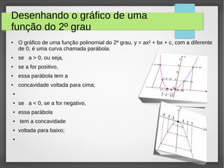 Desenhando o gráfico de uma
função do 2º grau
● O gráfico de uma função polinomial do 2º grau, y = ax² + bx + c, com a diferente
de 0, é uma curva chamada parábola.
● se a > 0, ou seja,
● se a for positivo,
● essa parábola tem a
● concavidade voltada para cima;
●
● se a < 0, se a for negativo,
● essa parábola
● tem a concavidade
● voltada para baixo;
●
 