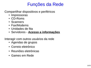 Funções da Rede
Compartilhar dispositivos e periféricos
  ● Impressoras

  ● CD-Roms

  ● Scanners

  ● Fax/Modems

  ● Unidades de fita

  ● Servidores - Acesso a informações




Interagir com outros usuários da rede
   ● Agendas de grupos


   ● Correio eletrônico


   ● Reuniões eletrônicas


   ● Games em Rede




                                          13/29
 