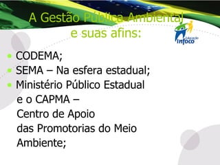 CODEMA; SEMA – Na esfera estadual; Ministério Público Estadual  e o CAPMA –  Centro de Apoio  das Promotorias do Meio Ambiente; A Gestão Pública Ambiental e suas afins: 