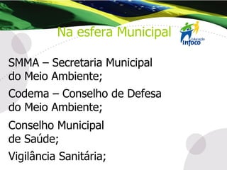 Na esfera Municipal SMMA – Secretaria Municipal  do Meio Ambiente; Codema – Conselho de Defesa  do Meio Ambiente; Conselho Municipal  de Saúde;  Vigilância Sanitária; 