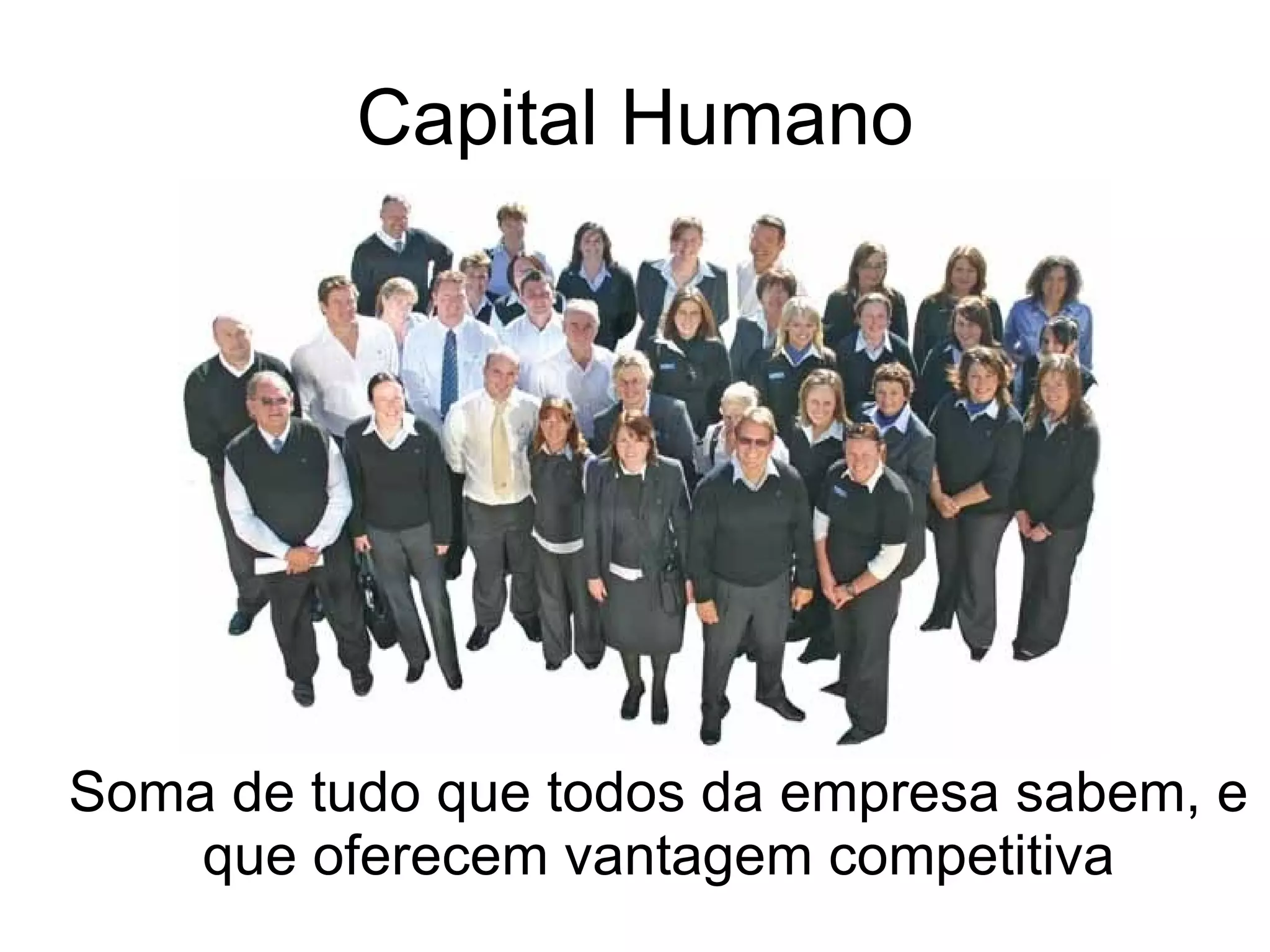 Capital Humano Soma de tudo que todos da empresa sabem, e que oferecem vantagem competitiva 