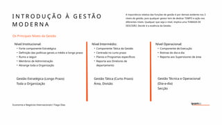I N T R O D U Ç Ã O À G E S T Ã O
M O D E R N A
Economia e Negócios Internacionais I Tiago Dias
Os Principais Níveis da Gestão
Nível Institucional:
• Forte componente Estratégica
• Definição das políticas gerais a médio e longo prazo
• Rumo a seguir
• Membros de Administração
• Abrange toda a Organização
Nível Intermédio:
• Componente Tática da Gestão
• Centrada no curto prazo
• Planos e Programas específicos
• Reporta aos Diretores de
departamento
Nível Operacional:
• Componente de Execução
• Rotinas do dia-a-dia
• Reporta aos Supervisores de área
Gestão Estratégica (Longo Prazo)
Toda a Organização
Gestão Tática (Curto Prazo)
Área, Divisão
Gestão Técnica e Operacional
(Dia-a-dia)
Secção
A importância relativa das funções de gestão é por demais evidente nos 3
níveis de gestão, pois qualquer gestor tem de dedicar TEMPO e ação nos
diferentes níveis. Qualquer que seja o nível, implica uma TOMADA DE
DESCISÃO. Decidir é a essência da Gestão.
 