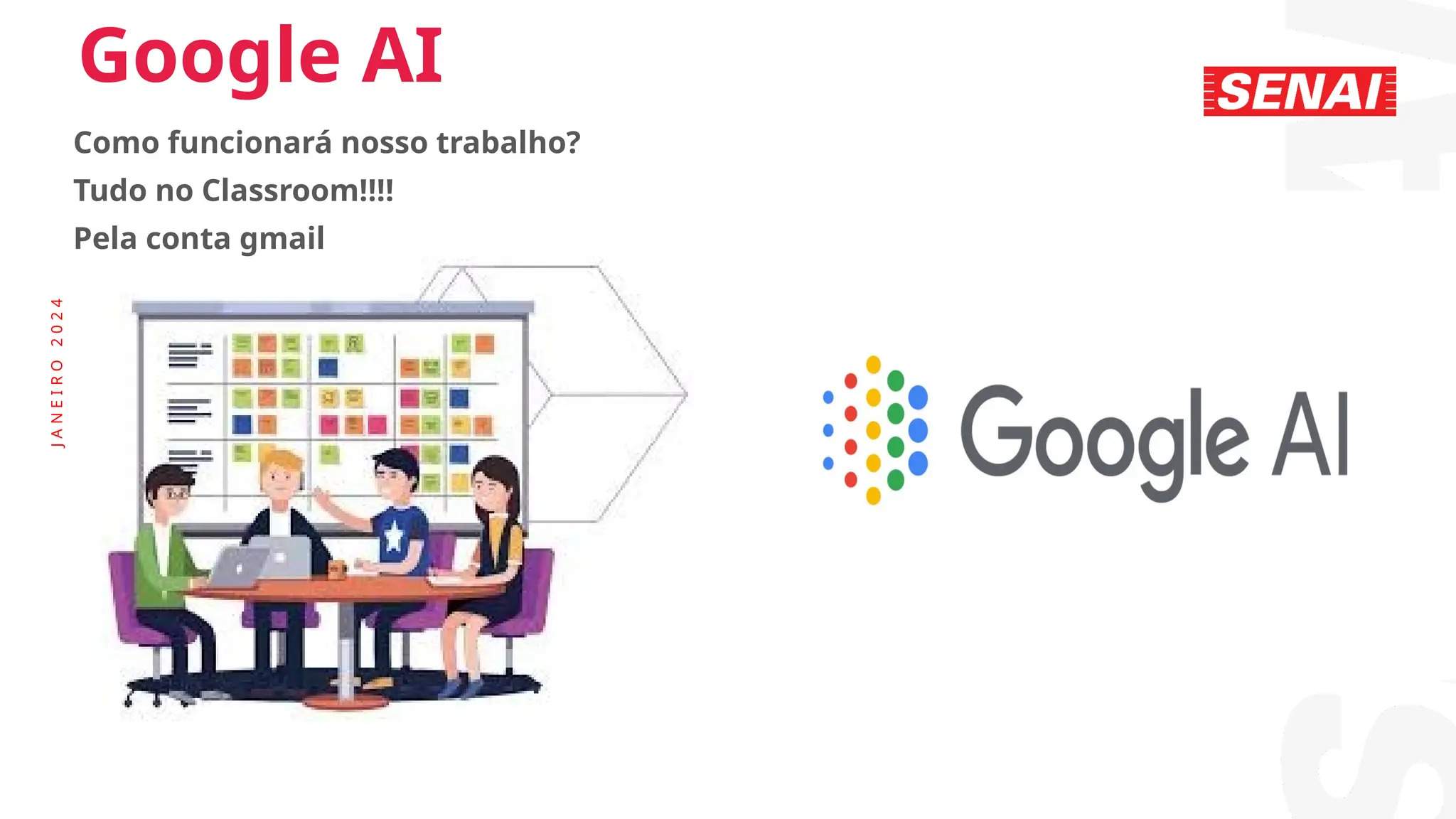 J
A
N
E
I
R
O
2
0
2
4
Google AI
Como funcionará nosso trabalho?
Tudo no Classroom!!!!
Pela conta gmail
 