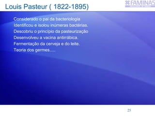 Louis Pasteur ( 1822-1895)
Considerado o pai da bacteriologia
Identificou e isolou inúmeras bactérias.
Descobriu o princípio da pasteurização
Desenvolveu a vacina antirrábica.
Fermentação da cerveja e do leite.
Teoria dos germes.....
25
 