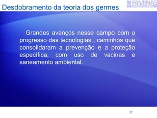 Desdobramento da teoria dos germes
Grandes avanços nesse campo com o
progresso das tecnologias , caminhos que
consolidaram a prevenção e a proteção
específica, com uso de vacinas e
saneamento ambiental.
37
 