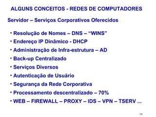 ALGUNS CONCEITOS - REDES DE COMPUTADORES

Servidor – Serviços Corporativos Oferecidos

 • Resolução de Nomes – DNS – “WINS”
 • Endereço IP Dinâmico - DHCP
• Administração de Infra-estrutura – AD
• Back-up Centralizado
• Serviços Diversos
 • Autenticação de Usuário
 • Segurança da Rede Corporativa
 • Processamento descentralizado – 70%
 • WEB – FIREWALL – PROXY – IDS – VPN – TSERV ...

                                                14
 