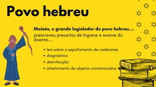 Povo hebreu
Moisés, o grande legislador do povo hebreu....
prescreveu preceitos de higiene e exame do

doente....
leis sobre o sepultamento de cadáveres
diagnóstico
desinfecção
afastamento de objetos contaminados
 