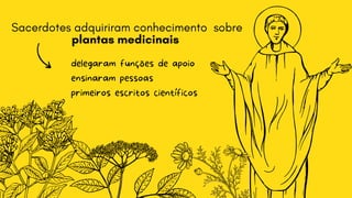 Sacerdotes adquiriram conhecimento sobre

plantas medicinais
delegaram funções de apoio
ensinaram pessoas
primeiros escritos científicos
 