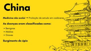 China
As doenças eram classificadas como:
Surgimento do ópio
Medicina não evolui →Proibição de estudo em cadáveres
Benignas
Médias
Graves
 
