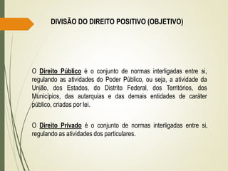 DIVISÃO DO DIREITO POSITIVO (OBJETIVO)
O Direito Privado é o conjunto de normas interligadas entre si,
regulando as atividades dos particulares.
O Direito Público é o conjunto de normas interligadas entre si,
regulando as atividades do Poder Público, ou seja, a atividade da
União, dos Estados, do Distrito Federal, dos Territórios, dos
Municípios, das autarquias e das demais entidades de caráter
público, criadas por lei.
 