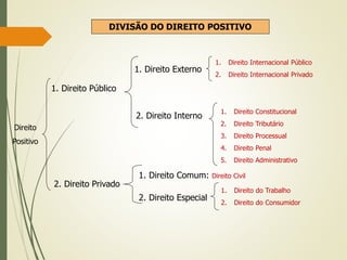 Direito
Positivo
1. Direito Público
2. Direito Privado
1. Direito Externo
2. Direito Interno
1. Direito Internacional Público
2. Direito Internacional Privado
1. Direito Constitucional
2. Direito Tributário
3. Direito Processual
4. Direito Penal
5. Direito Administrativo
1. Direito Comum: Direito Civil
2. Direito Especial
1. Direito do Trabalho
2. Direito do Consumidor
DIVISÃO DO DIREITO POSITIVO
 
