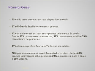 Números	
  Gerais
	
  	
  
• 73%	
  não	
  saem	
  de	
  casa	
  sem	
  seus	
  dispositivos	
  móveis.	
  
!
• 27	
  milhões	
  de	
  Brasileiros	
  tem	
  smartphones.	
  
!
• 42%	
  usam	
  internet	
  em	
  seus	
  smartphones	
  pelo	
  menos	
  1x	
  ao	
  dia…	
  
Destes	
  59%	
  para	
  acessar	
  redes	
  sociais,	
  57%	
  para	
  acessar	
  emails	
  e	
  55%	
  
mecanismos	
  de	
  pesquisas.	
  
!
• 27%	
  disseram	
  preferir	
  ficar	
  sem	
  TV	
  do	
  que	
  seu	
  celular.	
  
!
• 50%	
  pesquisam	
  em	
  seus	
  smartphones	
  todos	
  os	
  dias…	
  destes	
  48%	
  
procura	
  informações	
  sobre	
  produtos,	
  29%	
  restaurantes,	
  pubs	
  e	
  bares	
  
e	
  28%	
  viagens.
04/04/14
 