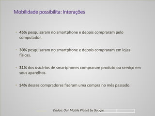 Mobilidade	
  possibilita:	
  Interações
	
  	
  
• 45%	
  pesquisaram	
  no	
  smartphone	
  e	
  depois	
  compraram	
  pelo	
  
computador.	
  
!
• 30%	
  pesquisaram	
  no	
  smartphone	
  e	
  depois	
  compraram	
  em	
  lojas	
  
físicas.	
  
!
• 31%	
  dos	
  usuários	
  de	
  smartphones	
  compraram	
  produto	
  ou	
  serviço	
  em	
  
seus	
  aparelhos.	
  
!
• 54%	
  desses	
  compradores	
  fizeram	
  uma	
  compra	
  no	
  mês	
  passado.
04/04/14 !7Dados:	
  Our	
  Mobile	
  Planet	
  by	
  Google
 