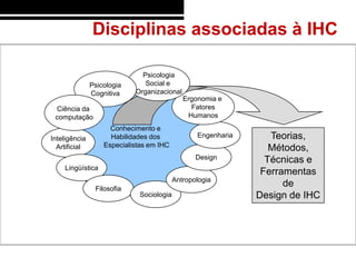 Disciplinas associadas à IHC

                              Psicologia
               Psicologia      Social e
               Cognitiva    Organizacional
                                             Ergonomia e
 Ciência da                                    Fatores
 computação                                   Humanos
                     Conhecimento e
Inteligência         Habilidades dos             Engenharia      Teorias,
                   Especialistas em IHC
  Artificial                                                     Métodos,
                                                 Design         Técnicas e
    Lingüística
                                                               Ferramentas
                                          Antropologia
                Filosofia
                                                                    de
                             Sociologia                       Design de IHC
 