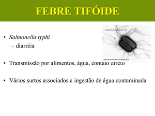 • Salmonella typhi
– diarréia
• Transmissão por alimentos, água, contato direto
• Vários surtos associados a ingestão de água contaminada
FEBRE TIFÓIDE
 